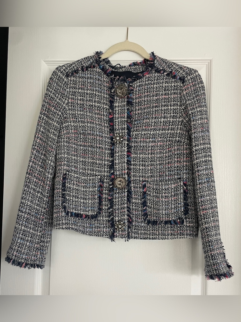ZARA tweed boucle coord set floral gemstone embellished jacket skirt XS